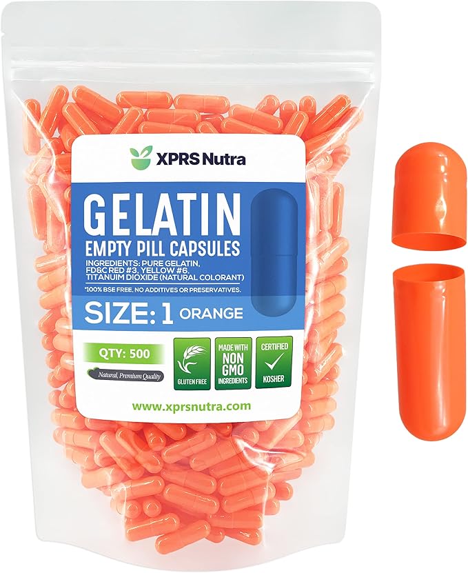 XPRS Nutra Size 1 Empty Capsules - 500 Count Empty Gelatin Capsules - Pill DIY Capsule Filling - Pure Bovine Pill Gel Caps for Do-It-Yourself Supplements (Orange)