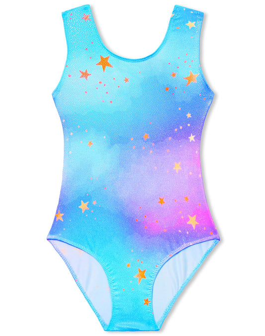 Domusgo Gymnastics Leotards for Girls 5-6 Years Old Blue Purple Star Sparkly One Piece Tumbling Outfits