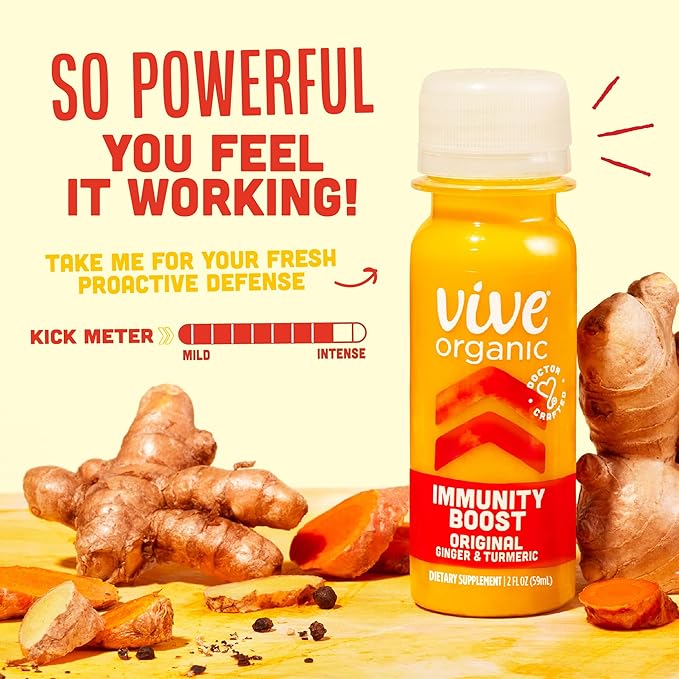 Vive Organic Immune Support Shot, Cold-Pressed Ginger, Turmeric, & Echinacea, Gluten Free, Vegan, Immunity Boost Original, 2 Fl Oz (Pack of 12)