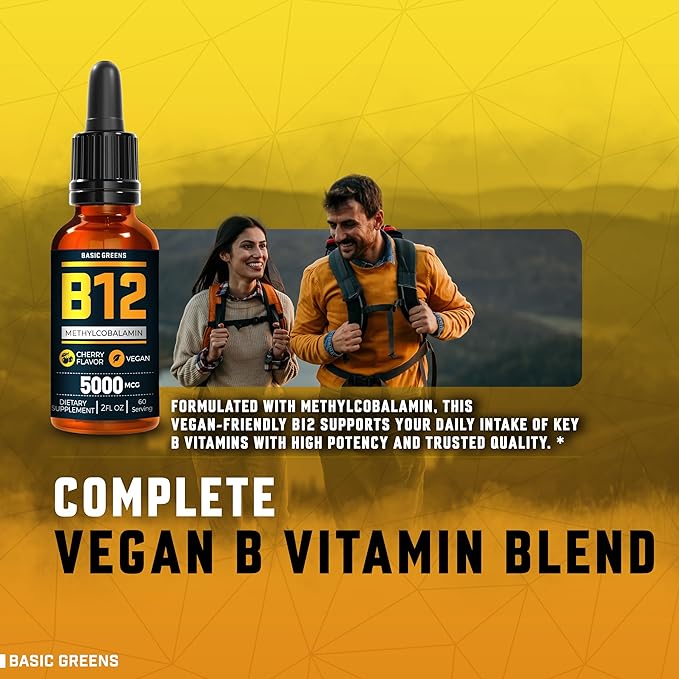Vitamin B12 Sublingual (Vegan) 2 Fl Oz - Methylcobalamin B12 Vitamins 5000 mcg, B12 Liquid Drops, Methyl B12, Cherry Flavor