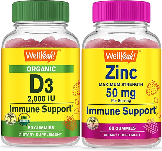 Organic Vitamin D3 + Zinc, Gummies Bundle - Great Tasting, Vitamin Supplement, Gluten Free, GMO Free, Chewable Gummy
