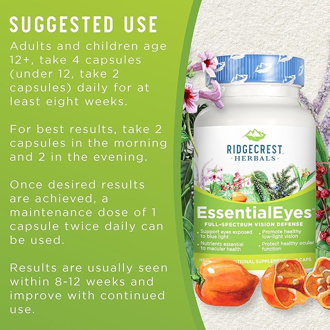 Ridgecrest Herbals EssentialEyes, Natural Eye Vitamin Supplements, Contains Lutein, Zeaxanthin, Bilberry Extract, Supports Eye and Vision Health (120 Vegan Caps, 30 Serv)