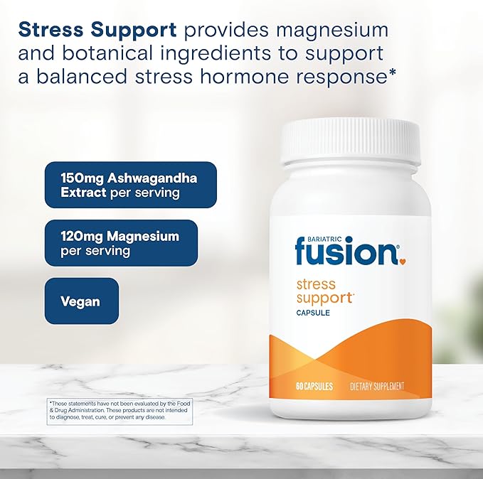 Bariatric Fusion Stress Support* | Vegan Supplement with Magnesium and Ashwagandha | Daily Vitamin for Women and Men | Gluten, Dairy and Soy Free | Non-GMO | 60 Capsules