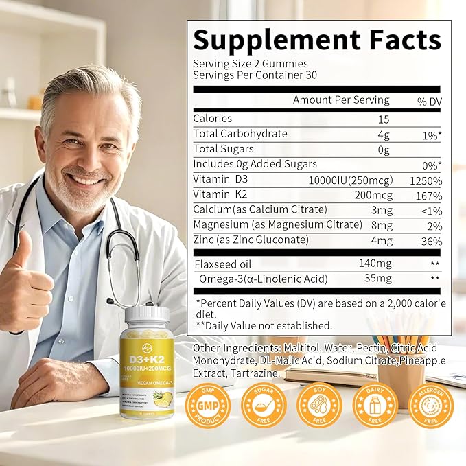 Vitamin D3 K2 Filled Gummies, Vitamin D3 10000IU, K2 (MK-7) 200mcg, Sugar Free K2 D3 Vitamin Supplement with Omega-3, Calcium, Magnesium, Zinc for Muscle, Bones & Immune Support, 1 Pack