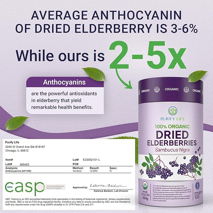 USDA Organic Dried Elderberries 1lb Bulk (Safest Packaging, Resealable Bag, BPA-Free Scoop) Natural, non-irradiated, Raw Whole Black Elderberry, Immune Support, Make Sambucus Elderberry Syrup, 1 Pound