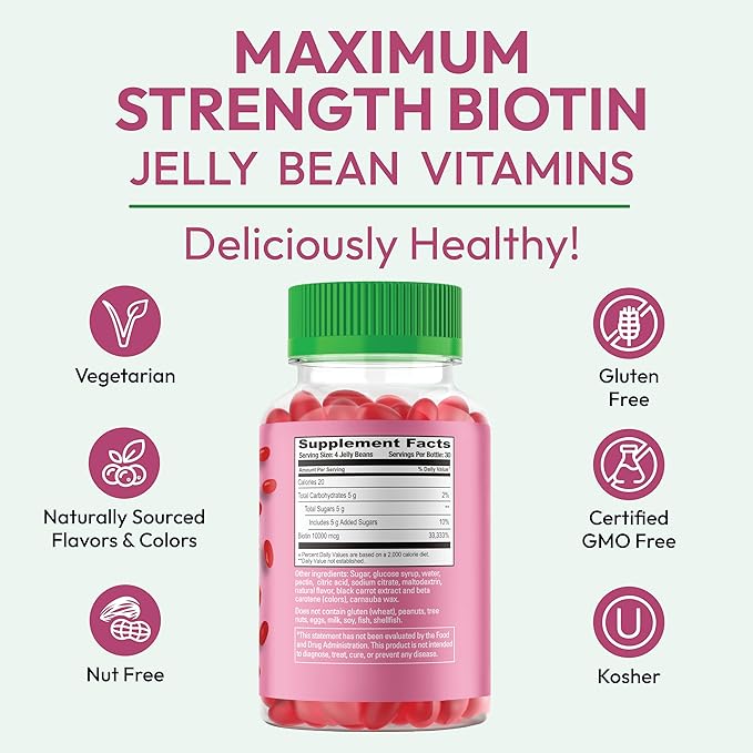 Biotin Jelly Bean Gummy Vitamins, Max Strength Biotin for Hair, Skin and Nails, 10000mcg per Serving, Hair Growth Vitamins for Men and Women, 120 Strawberry Blast Jelly Beans, Kosher