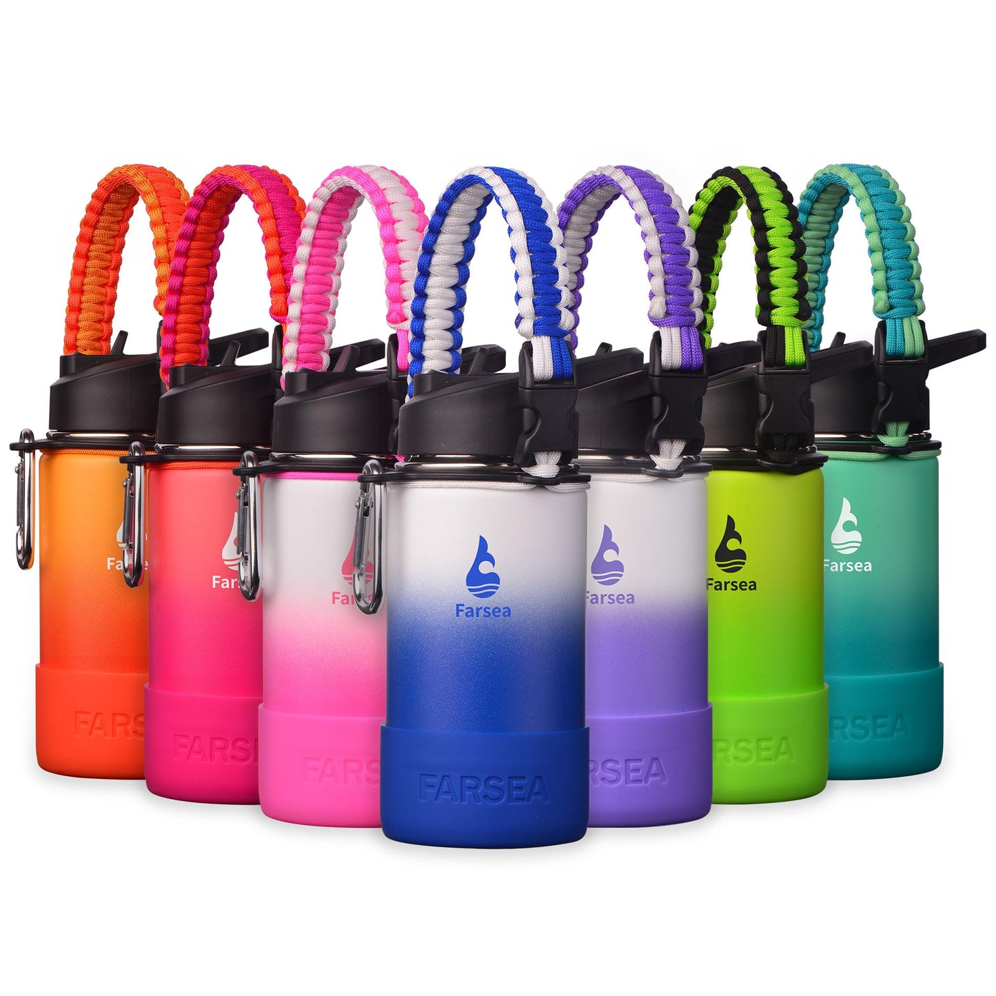 Farsea Insulated Water Bottle With Paracord Handle, Protective Silicone Boot and 2 Lids (Straw Lid & Spout Lid), Stainless Steel Water Bottle Wide Mouth, Double Wall Sweat-Proof BPA-Free,12 oz