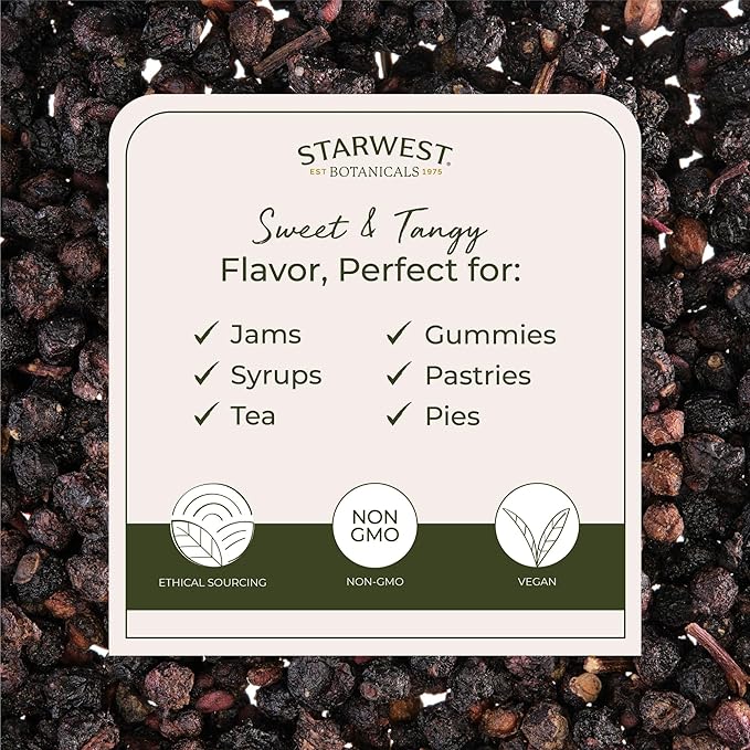Starwest Botanicals Organic Elderberries - Dried Elderberries for Syrup, Tea, Gummies, & Jam, Natural Immune Support, Certified Kosher, Non-GMO - Bulk 1 lb Bag