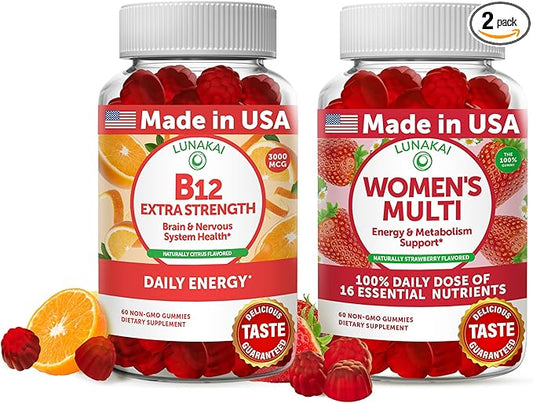 Lunakai Vitamin B12 and Women's Multivitamin Gummies Bundle - 3000mcg Methylcobalamin High Absorption Energy Gummy - 100% Daily Value of 16 Essential Vitamins and Minerals Supplement - 30 Days Supply