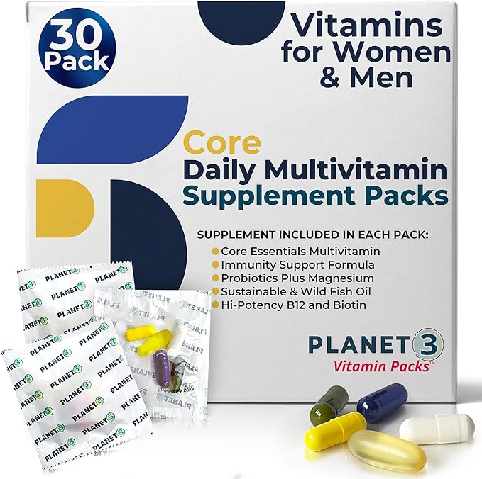 Planet 3 Vitamin Packs with Core Supplements | Heart, Eye and Immune Support with Elderberry Vitamin C and Zinc, Multivitamin, Omega 3, Vitamin D, Biotin, B12, Lutein, Daily Vitamins for Men and Women