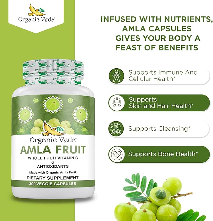Organic Veda Amla Capsules - 1500mg, 300 Capsules Organic Whole Fruit Amla Powder - Natural Vitamin C for Immunity, Skin Radiance, Antioxidants - Vegan, Non GMO, Raw Vitamin C Supplements