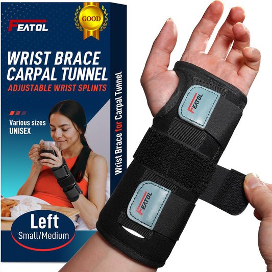 FEATOL Wrist Brace for Carpal Tunnel, Adjustable Wrist Support Brace with Splints Left Hand, Small/Medium, Arm Compression Hand Support for Injuries, Wrist Pain, Sprain, Sports