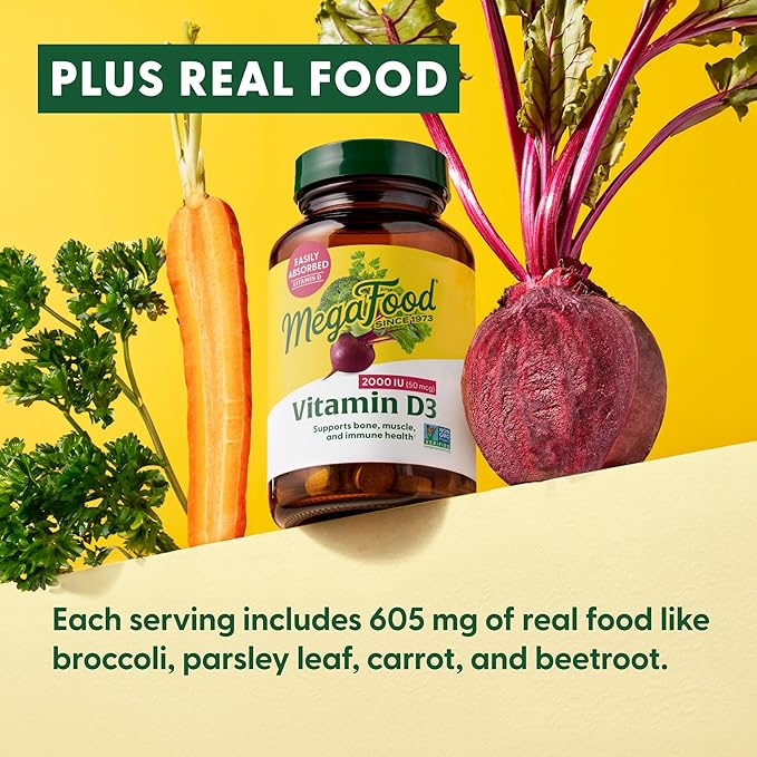 MegaFood Vitamin D3 2000 IU (50 mcg) - Vitamin D Supplements with Real Food, Immune Support, Supports Bones, Teeth & Muscles, Vegetarian, Certified Non-GMO, Kosher – 60 Tablets, 60 Servings