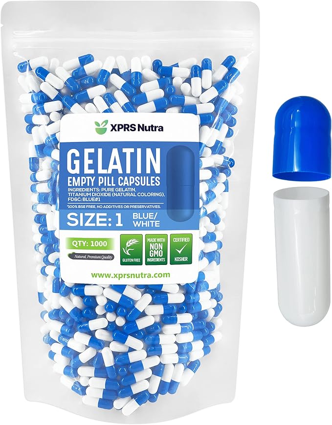XPRS Nutra Size 1 Empty Capsules - 1000 Count Empty Gelatin Capsules - Pill DIY Capsule Filling - Pure Bovine Pill Gel Caps for Do-It-Yourself Supplements (Blue/White)