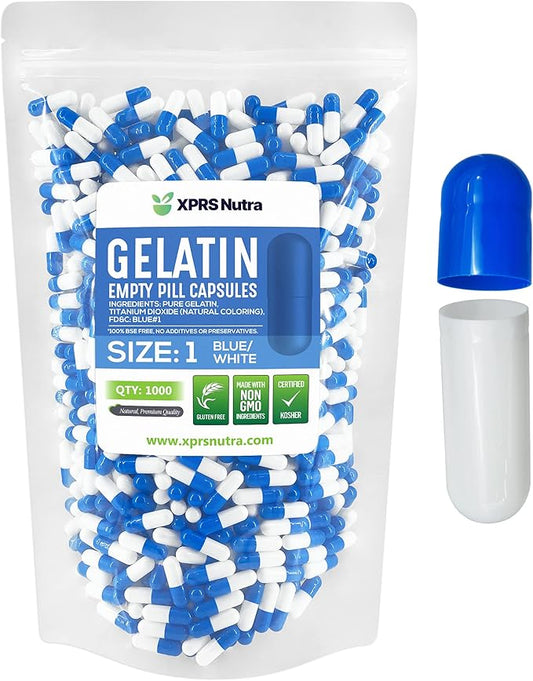 XPRS Nutra Size 1 Empty Capsules - 1000 Count Empty Gelatin Capsules - Pill DIY Capsule Filling - Pure Bovine Pill Gel Caps for Do-It-Yourself Supplements (Blue/White)