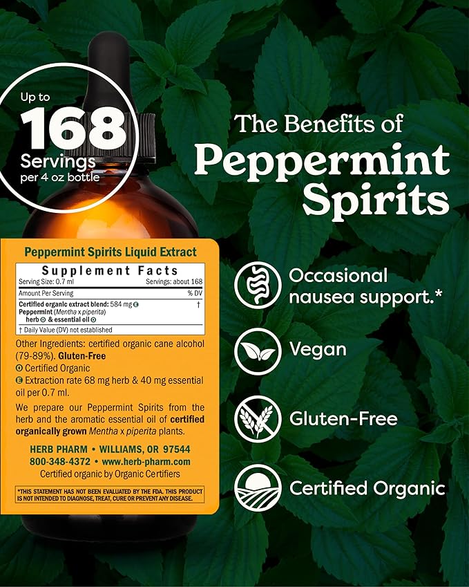 Herb Pharm Certified Organic Peppermint Spirits Liquid Extract Digestive Support Blend - 4 Ounce (DPEP04)