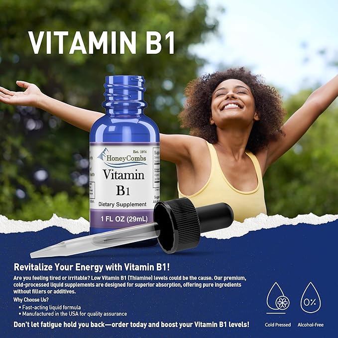 HoneyCombs Vitamin B1 Supplement (Thiamine) Liquid Drops - High Potency Thiamine B1 Supplement for Men & Women - Maintain Nervous System, Energy & Overall Health - Vegan Liquid B Vitamins (1 Fl oz)