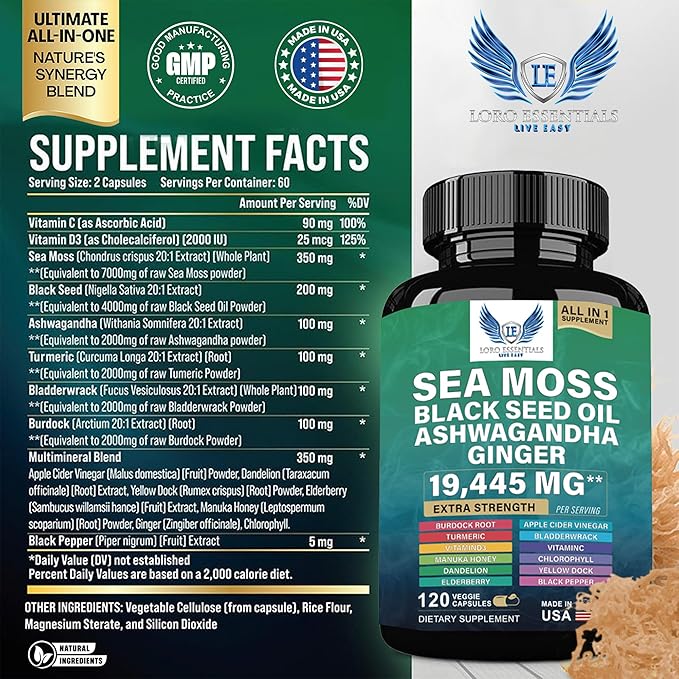 Sea Moss + Shilajit Bundle (2 Pack) – 120 Capsules Eac Sea Moss 7000mg Black Seed Oil 4000mg Ashwagandha 2000mg Ginger & Shilajit 9000mg Rhodiola Rosea 1000mg Panax Ginseng 1500mg