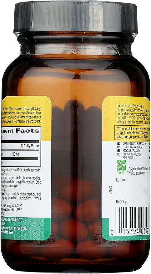 Country Life Simply CoQ10, Supports Heart Function, 100mg, 60 Softgels, Certified Gluten Free, Certified Vegan…