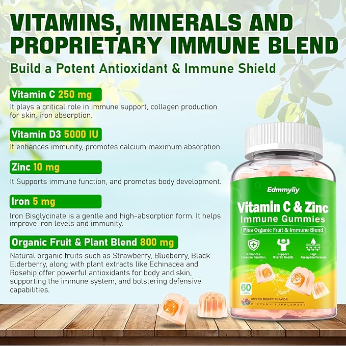 Organic Vitamin C Gummies for Adults - Chewable Vitamin C with Zinc & Iron and Vitamin D3 5000iu for Women Men - Immune Support Supplement Gummies