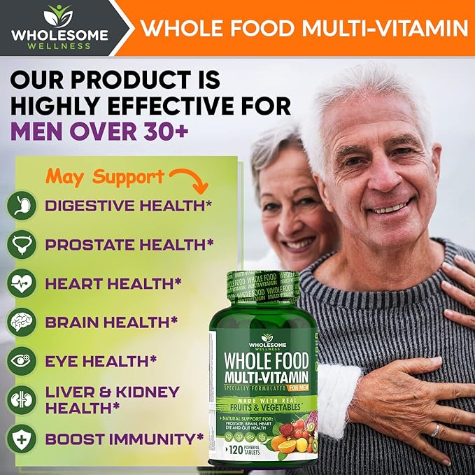 Wholesome Wellness Whole Food Multivitamin for Men - Natural Multi Vitamins, Minerals, Organic Extracts - Vegan Vegetarian - 120 Tablets
