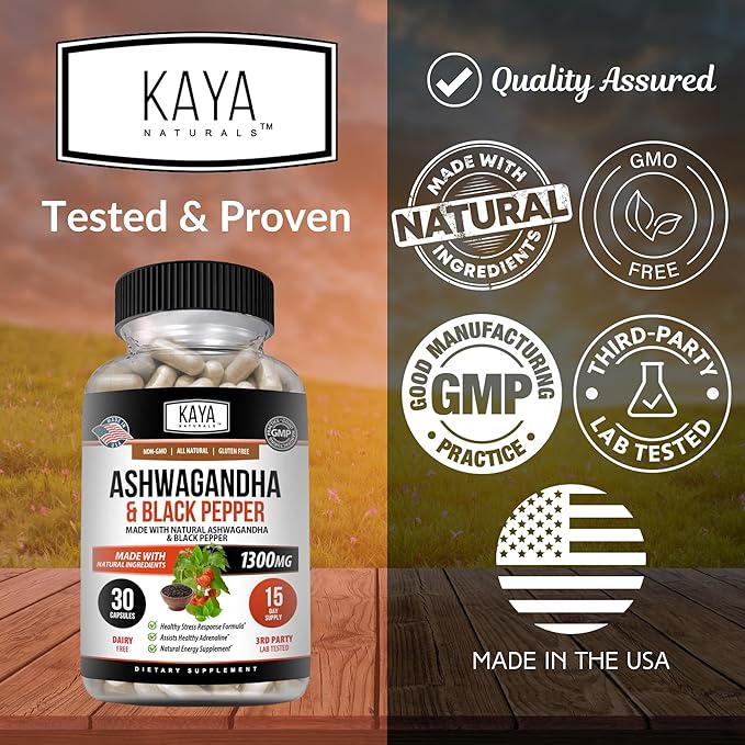 Kaya Naturals Ashwagandha Root with Black Pepper | Maximum Strength 1300mg Adaptogen Supplement, Support Adrenal, Glandular Health, Mood Relief, Focus, Energy & Vitality for Men & Women