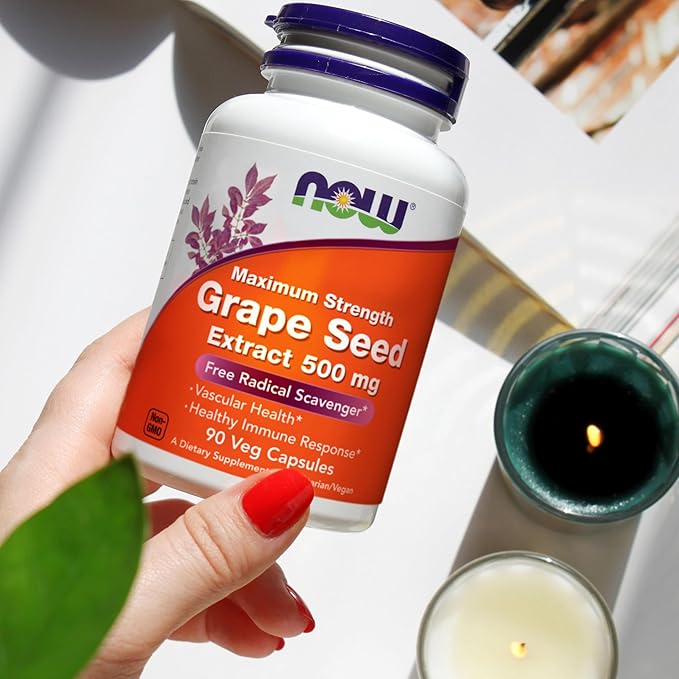 NOW Supplements, Grape Seed Extract, Maximum Strength 500 mg (a Highly Concentrated Extract with a Minimum of 90% Polyphenols), 90 Veg Capsules