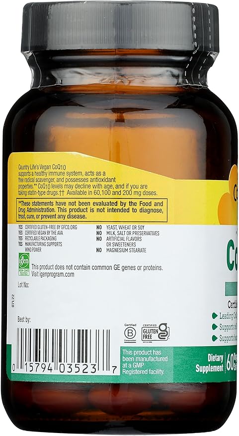 Country Life Simply CoQ10, Supports Heart Function, 100mg, 60 Softgels, Certified Gluten Free, Certified Vegan…