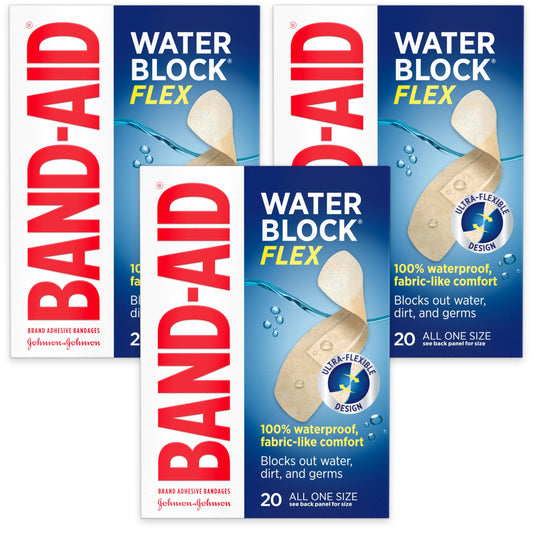 Band-Aid Brand Water Block Flex 100% Waterproof Adhesive Bandages for First-Aid Wound Care of Minor Cuts, Scrapes & Wounds, Ultra-Flexible Design, Sterile, All One Size, 3 x 20 ct