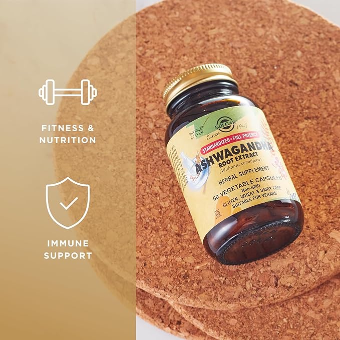 SOLGAR Ashwagandha Root Extract - 60 Vegetable Capsules - Standardized Full Potency (SFP) - Non-GMO, Vegan, Gluten & Dairy Free, Kosher - 60 Servings