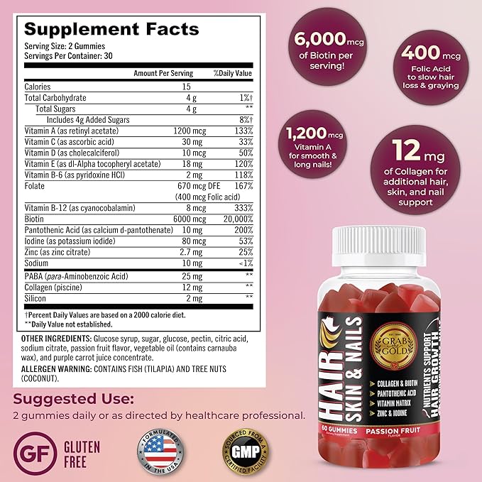 Grab The Gold Hair Skin & Nails Gummies Vitamins with 6000mcg Biotin + Collagen + 10 Vitamins & Minerals, Gluten-Free, Passion Fruit Flavor (1 Bottle = 1 Month Supply)