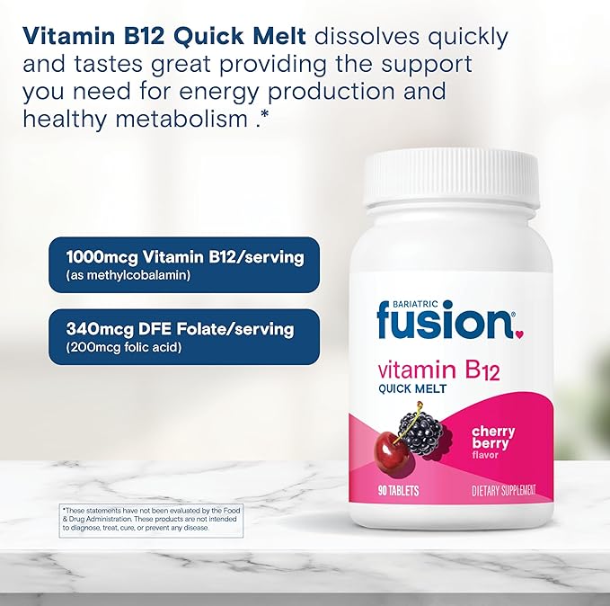 Bariatric Fusion Vitamin B12 Sublingual 1000 mcg Melts | Cherry Berry Flavored | Vitamin B12 Dissolve Under Tongue Tablets with Folic Acid | Sugar Free | Methylcobalamin | 90 Count