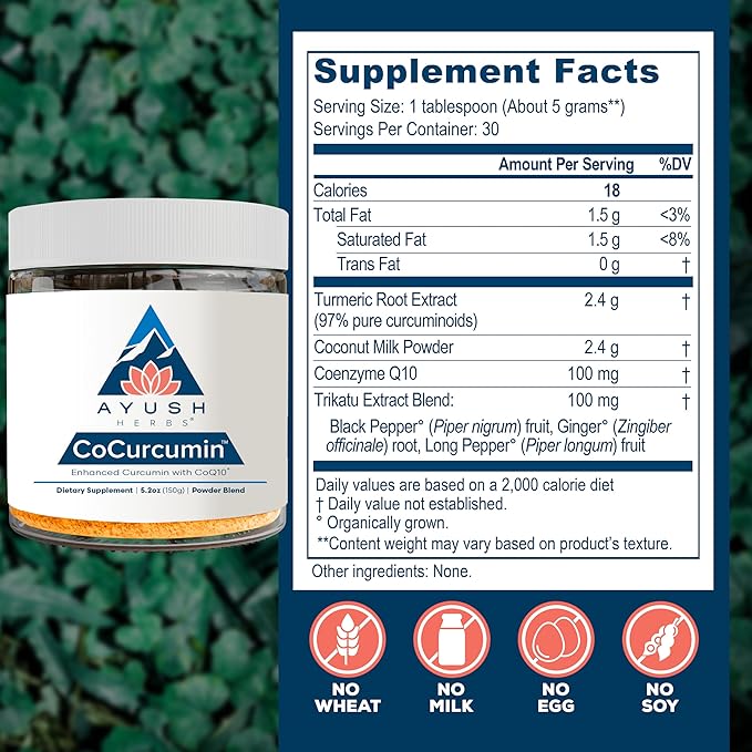 Ayush Herbs CoCurcumin - Turmeric Powder, Curcumin Powder with Black Pepper, CoQ10, MCT Oil for Glowing Skin, Joint, Muscle, and Gut Health - 4.2 Oz Jar (30 Servings)