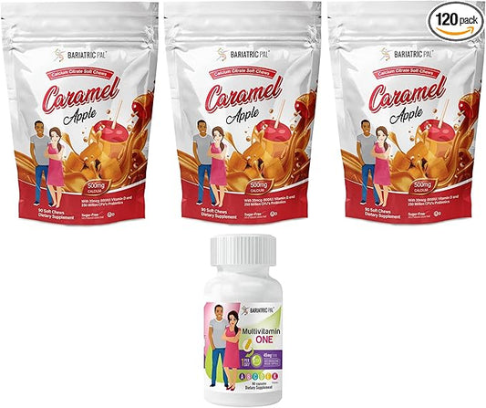 BariatricPal 90-Day Bariatric Vitamin Bundle (Multivitamin ONE 1 per Day! Capsule with 45mg Iron and Calcium Citrate Soft Chews 500mg with Probiotics - Caramel Apple)