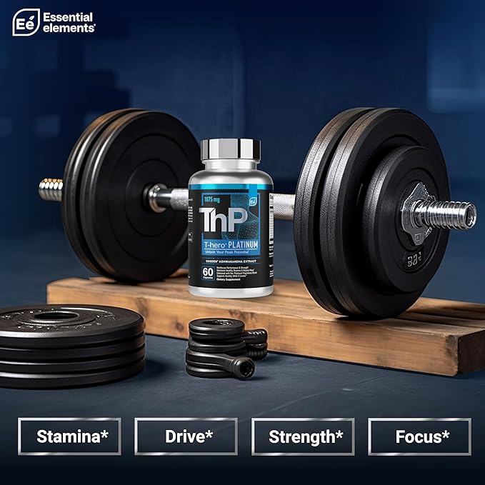 Essential Elements T-Hero Platinum Male Health Supplement for Mens Health - Muscle Growth Support & T-Health with Shoden Ashwagandha, Shilajit, DIM & More - Gym Supplements for Men - 60 Caps