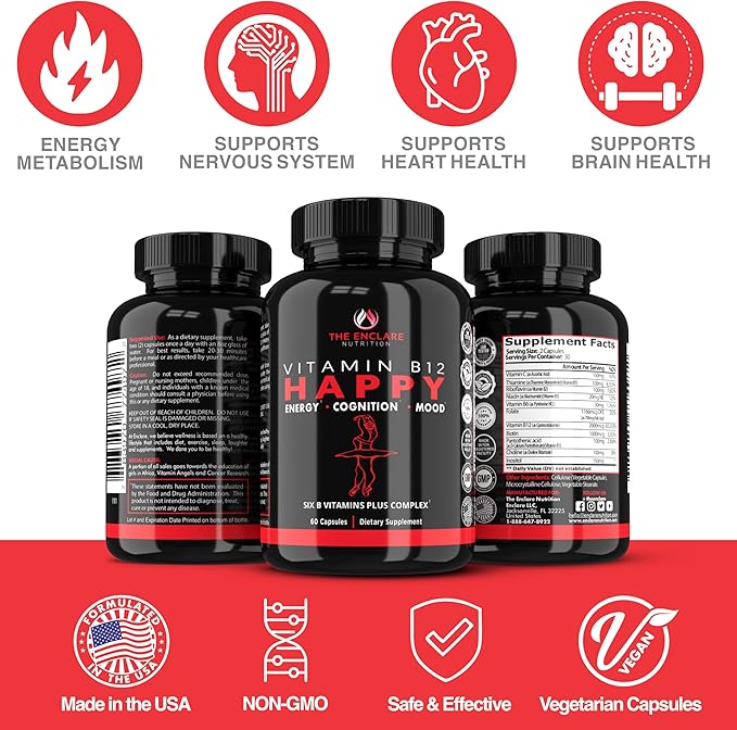 THE ENCLARE NUTRITION Vitamin B12 - Vitamin B Complex with Vitamin C, Biotin, Inositol, Folic Acid, B Vitamins, B1, B2, B3, B4, B5, B6, B7, B8, B9. Brain, Heart, Immune Support, Energy Supplements (1)