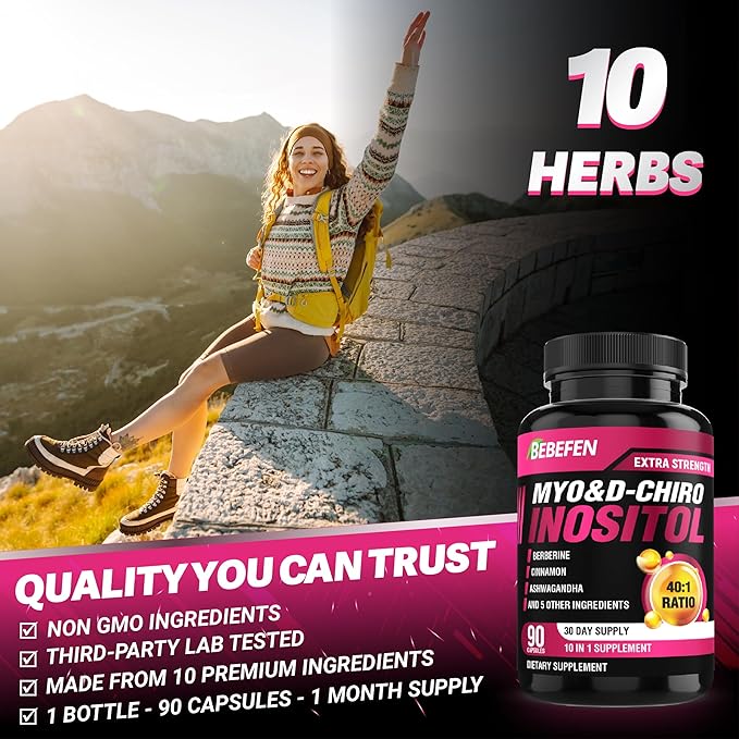 BEBEFEN Inositol Supplement - Myo-Inositol and D-Chiro Inositol Ideal 40:1 Ratio - Plus Berberine, Cinnamon, Ashwagandha + 5 More - 90 Capsules