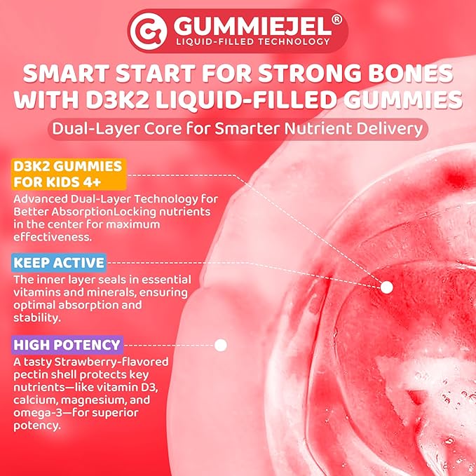 Vitamin D3 K2 Filled Gummies for Kids & Adults, 1000IU/2000IU D3 + K2(MK-7) with Calcium, Magnesium & Algal Omega 3(EPA/DHA) for Bones, Teeth, Muscles, Brain, Low-dose Vitamins, Sugar-Free, 60 Chews