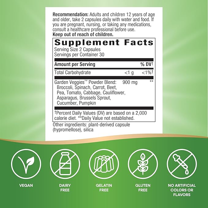 Nature's Way Garden Veggies, Veggie Powder Blend, 900 mg per 2-Capsule Serving, 60 Vegan Capsules (Packaging May Vary)