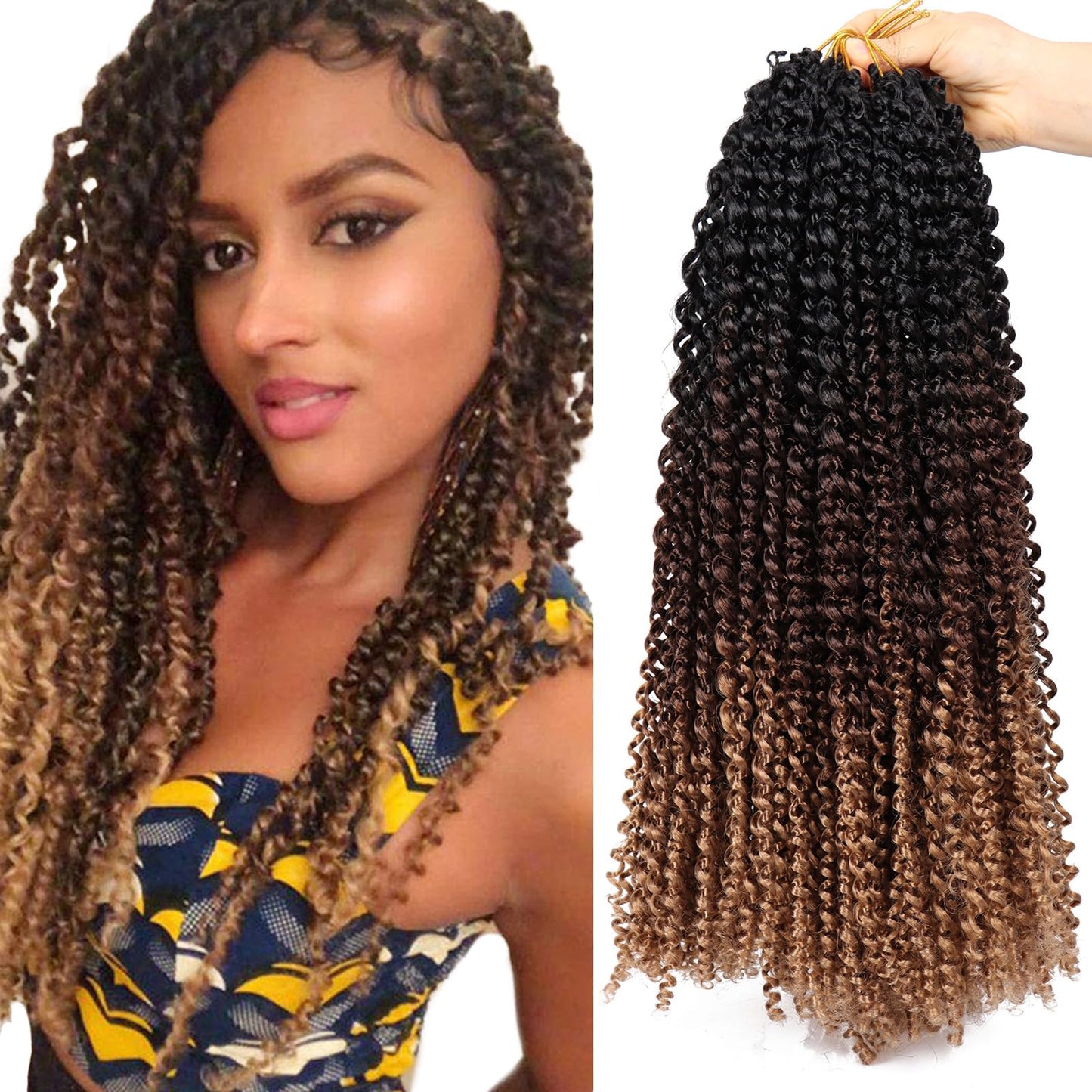 Dorsanee Ombre Brown Passion Twist Hair 18 Inch 7 Packs Water Wave Crochet Hair Long Bohemian Curly Braiding Hair for Butterfly Locs, Faux Locs, Boho Style Spring Twist Crochet Braids (1B/30/27#)