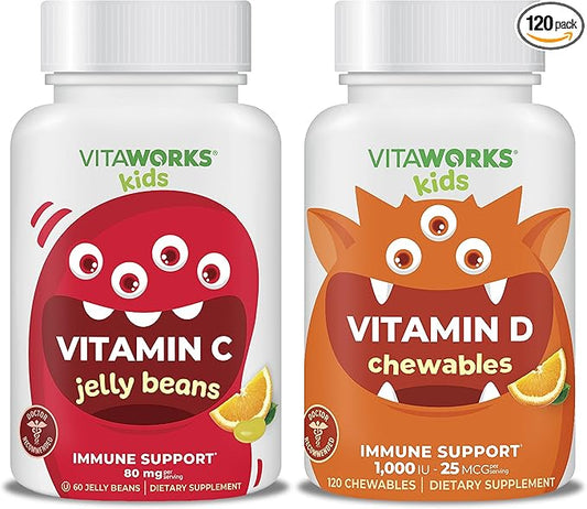 Kids Vitamin C 80mg Jelly Beans + Vitamin D3 1000 IU Chewables Bundle