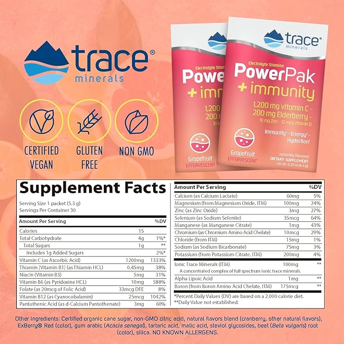 Trace Minerals | Power Pak Electrolyte + Immunity Boost Drink Packets | 1200 mg Vitamin C, Elderberry, Zinc, D3, B6, B12 | Immunity, Hydration, & Energy Support | Fizzy Grapefruit | 30 Packets