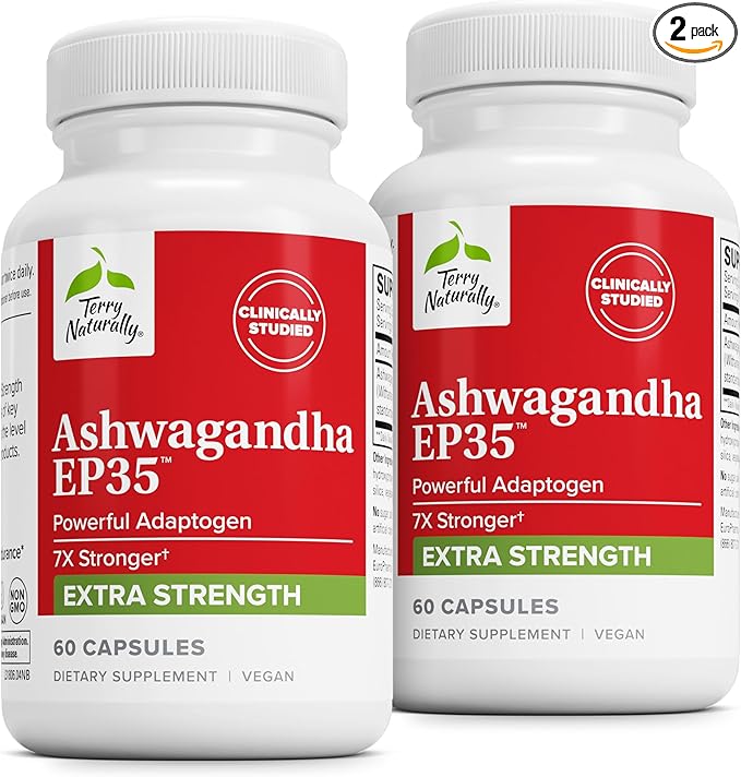 Terry Naturally Ashwagandha EP35 Extra Strength - Herbal Supplement for Sleep Support - Aid Healthy Stress Response - Endurance & Energy Support - 60 Capsules (60 Servings)