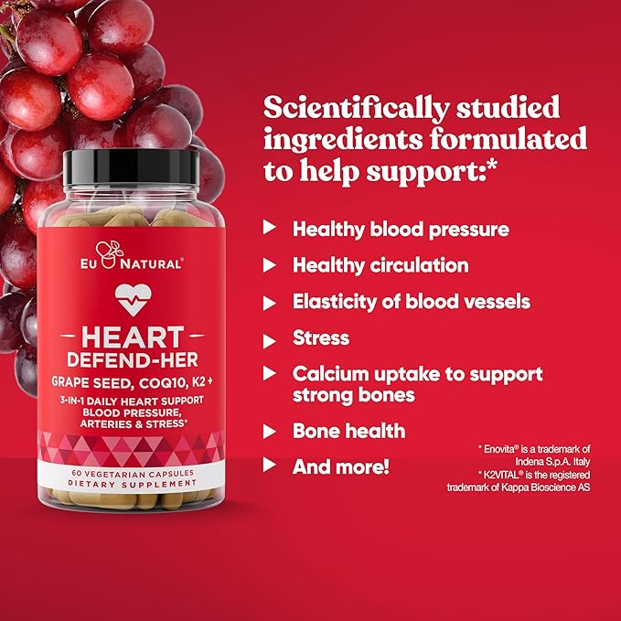 Heart Defend-Her Womens Heart Health Supplements – Advanced 3-in-1 Blend with Grape Seed Extract, Vitamin K2 MK-7, and CoQ10 – Support Blood Pressure, Artery and Bone Strength – 60 Vegetarian Capsules
