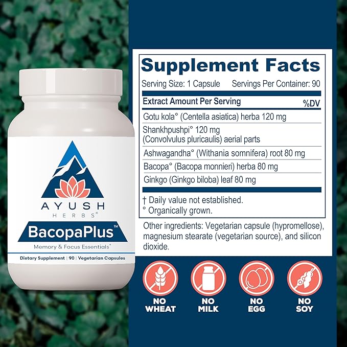 Ayush Herbs BacopaPlus - Bacopa Supplements, Organic Bacopa for Memory & Focus, Cognitive Support Pill for Adults with Ginkgo, Gotu Kola, Ashwagandha - 90 Vegetarian Capsules (1 Count)