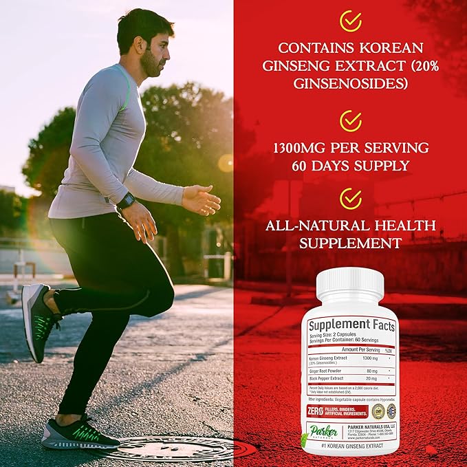 Korean Red Ginseng Extract, 1300mg Extract with Ginger Root and Black Pepper, 20% Ginsenosides Red Panax Ginseng Supplement, 120 Caps