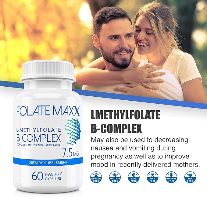 FolateMaxx L-Methylfolate + B12 Methylcobalamin & B6 Blend (7.5mg) - 60 Capsules - Active B-Complex with Cofactors & Essential Amino Acids - Non GMO, Gluten Free, No Fillers