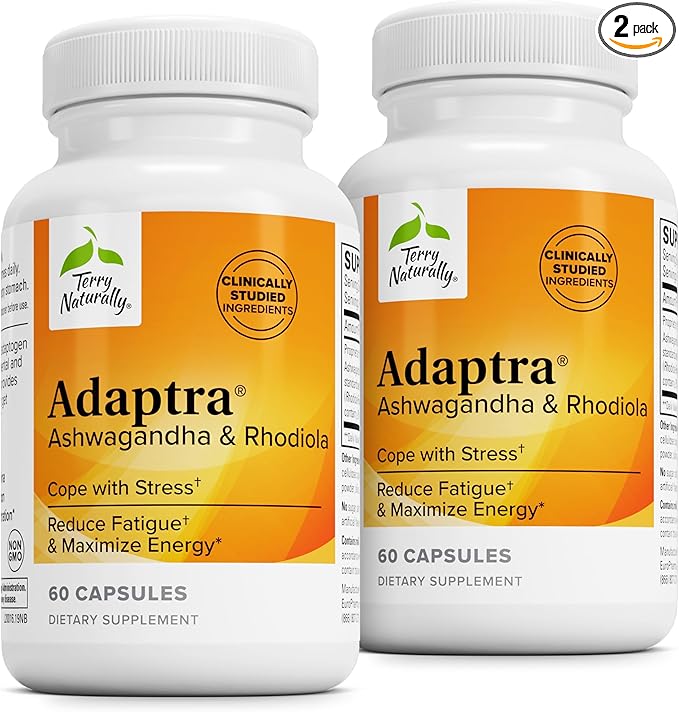 Terry Naturally Adaptra - Supplement to Support Adrenal Health - Ashwagandha Supplement with Rhodiola Rosea Extract - Herbal Supplement to Support Energy & Concentration - 60 Capsules (Pack of 2)