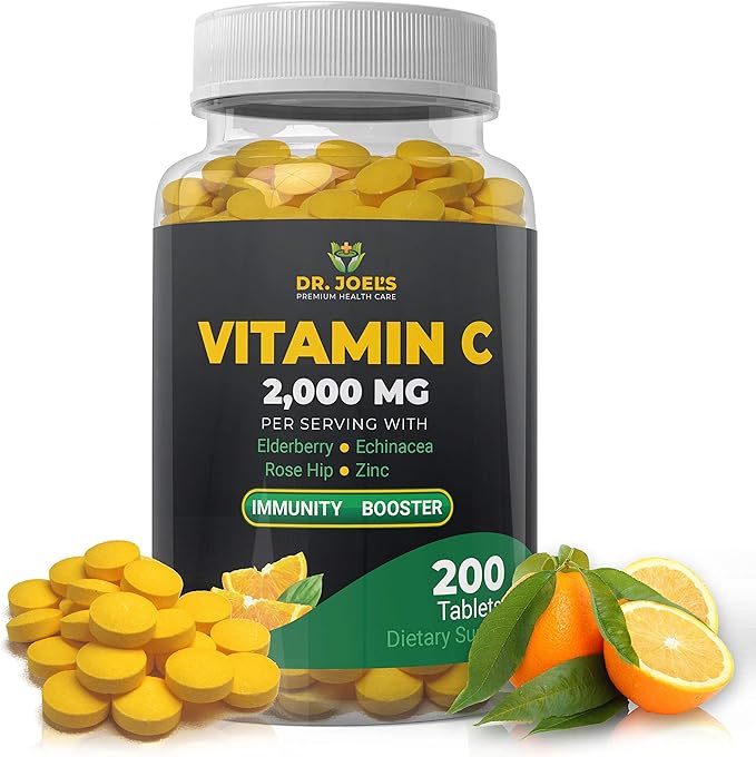 Dr. JOEL'S Immune Support Vitamin C 2000 mg - 200 Tablets - with Zinc, Elderberry, Rose Hip, Echinacea - Boosts Immune System- Made in USA