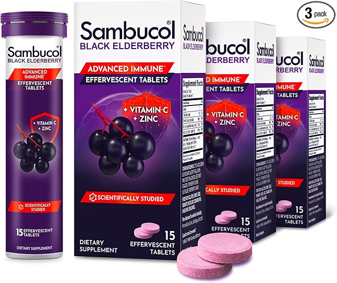 Sambucol Black Elderberry Tablets with Vitamin C & Zinc - Immune Support Supplement, Black Elderberry with Zinc and Vitamin C, High Antioxidants, Drink Fizzies - 15 Tablets